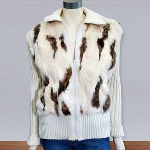 Vintage Cream Knit Zip Cardigan with Brown Fur Panels